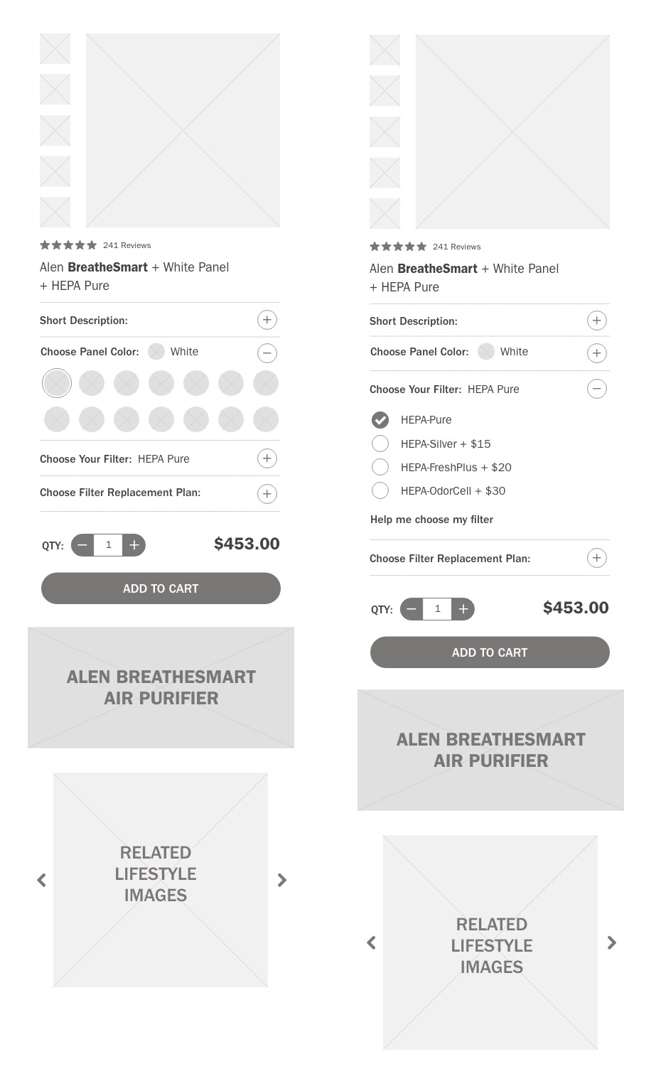 Alen BreatheSmart FLEX product page mobile wireframes