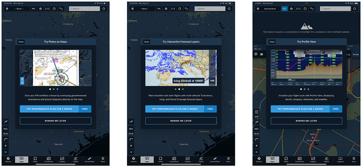 ForeFlight Mobile Upsell Modals