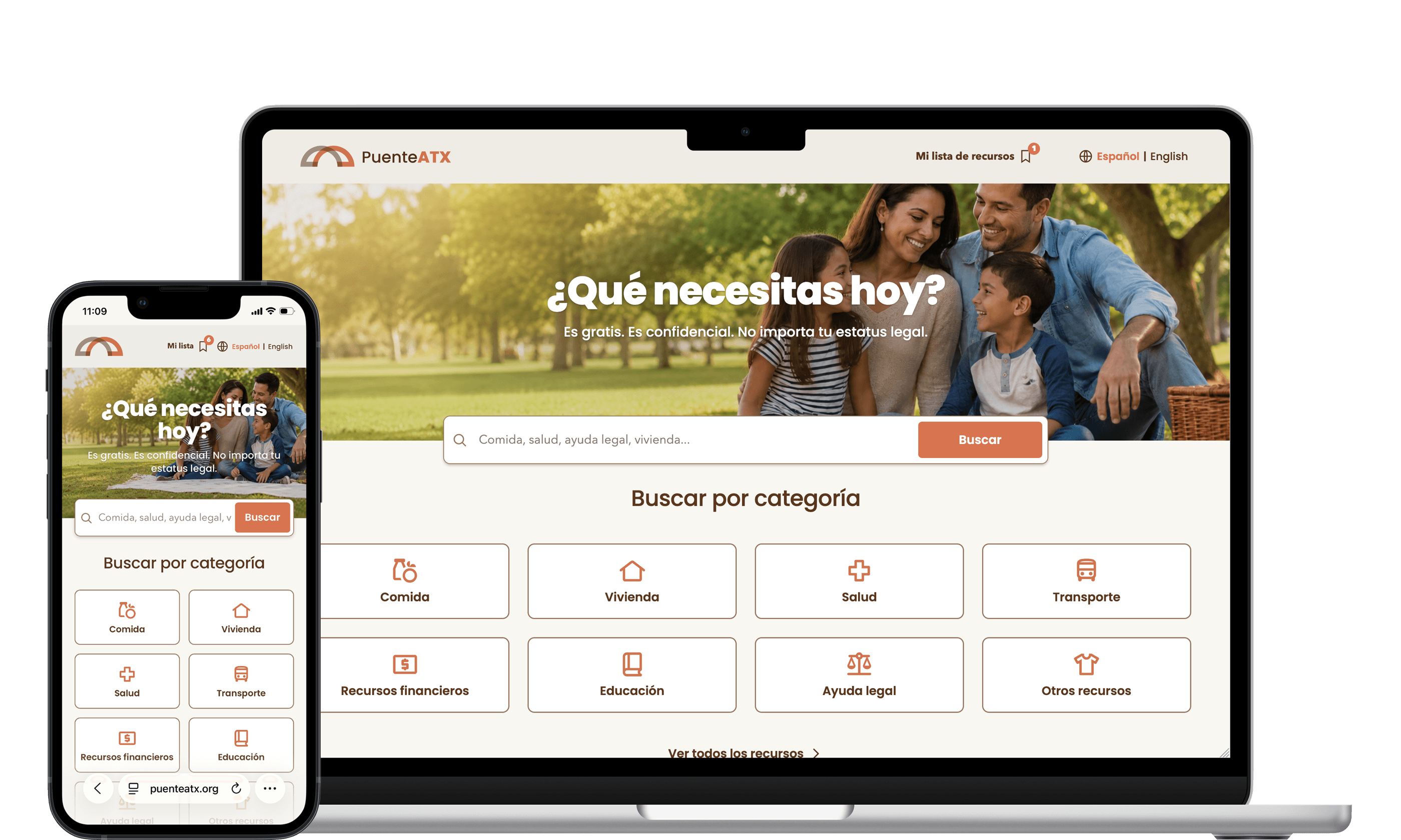 Puente ATX homepage on desktop and mobile, showing the warm cream interface and the overlaid resource search bar