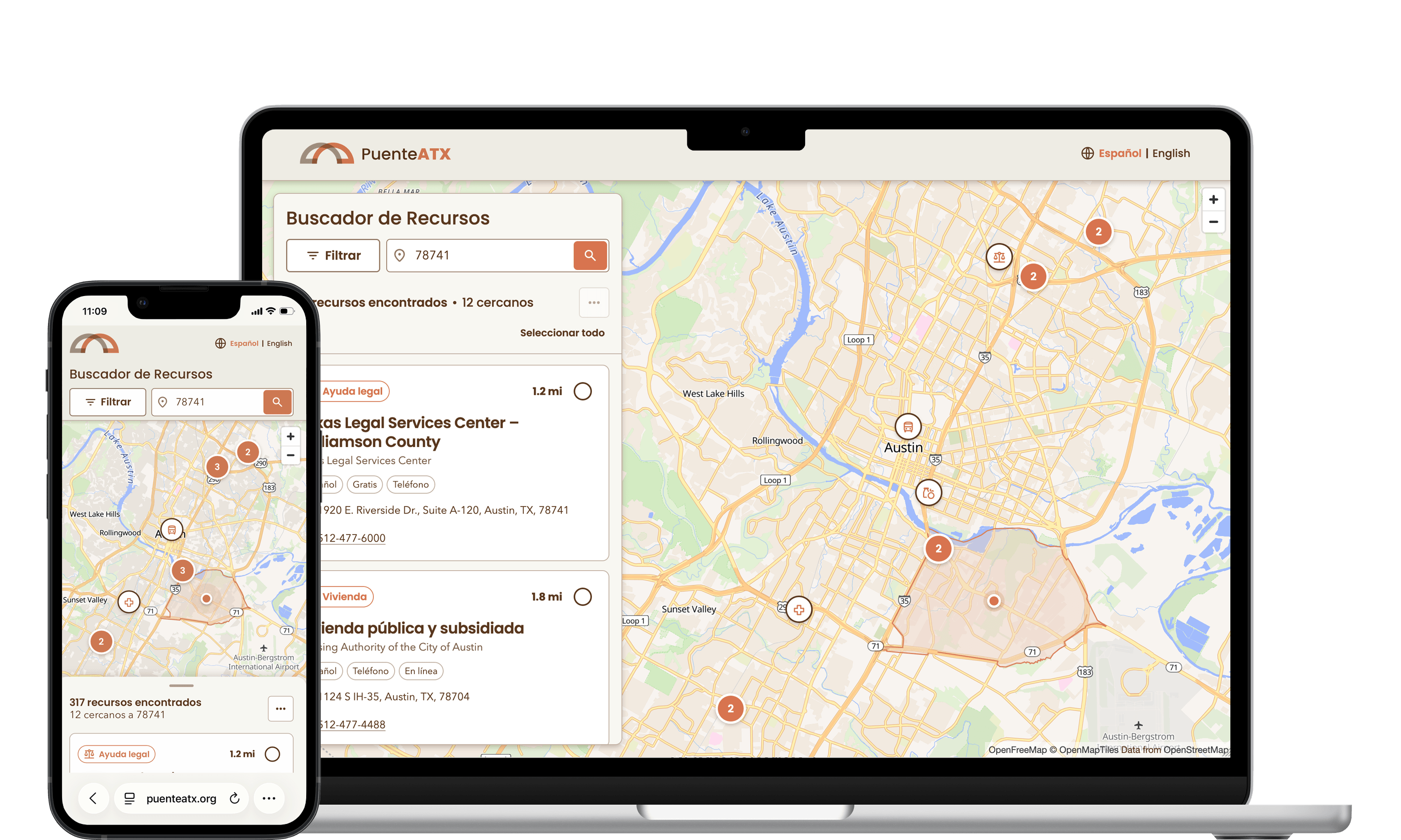 The Buscador resource finder: ZIP search form, compact result cards, and a MapLibre map with custom markers