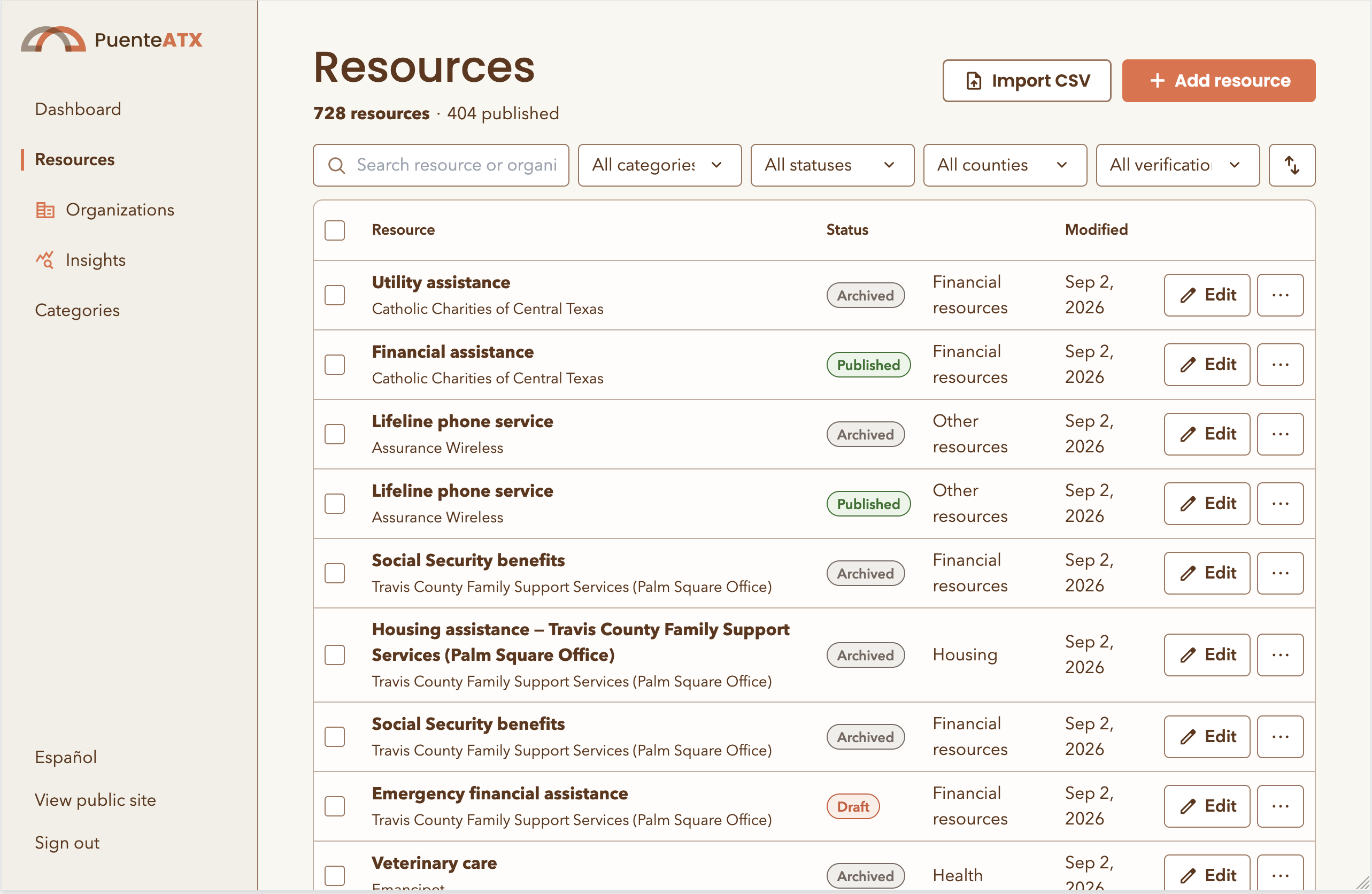 The Puente ATX admin console: resource table with status badges, CSV import validation, and bilingual completeness flags