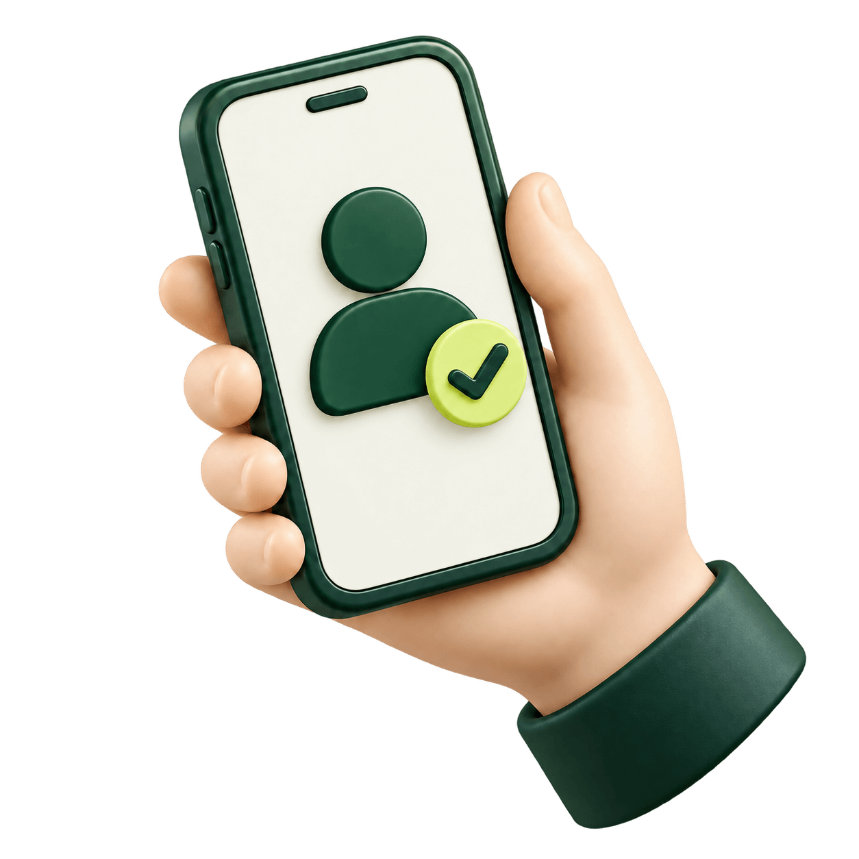 3D icon of a hand holding a phone showing a user profile with a check mark, for digital accompaniment