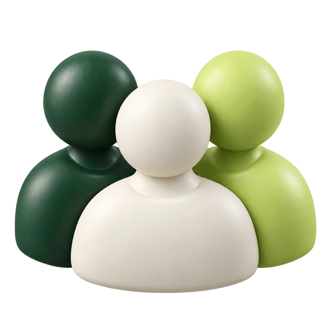 3D icon of three overlapping figures in forest green, cream, and lime, for a connected community