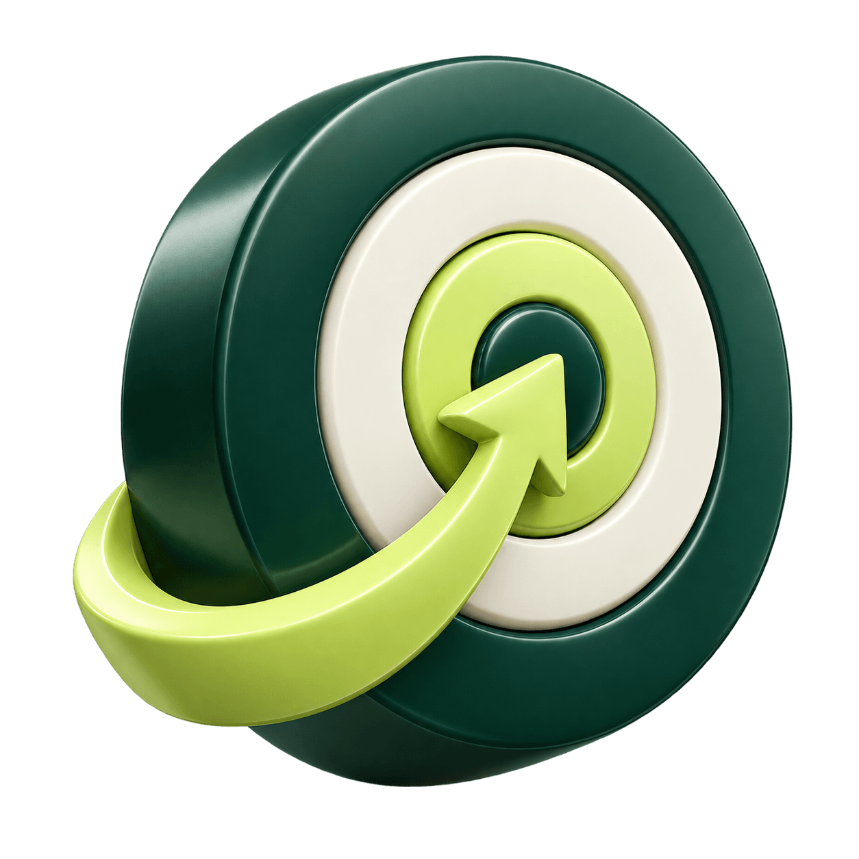 3D icon of a target with a curved lime arrow, for growth strategy
