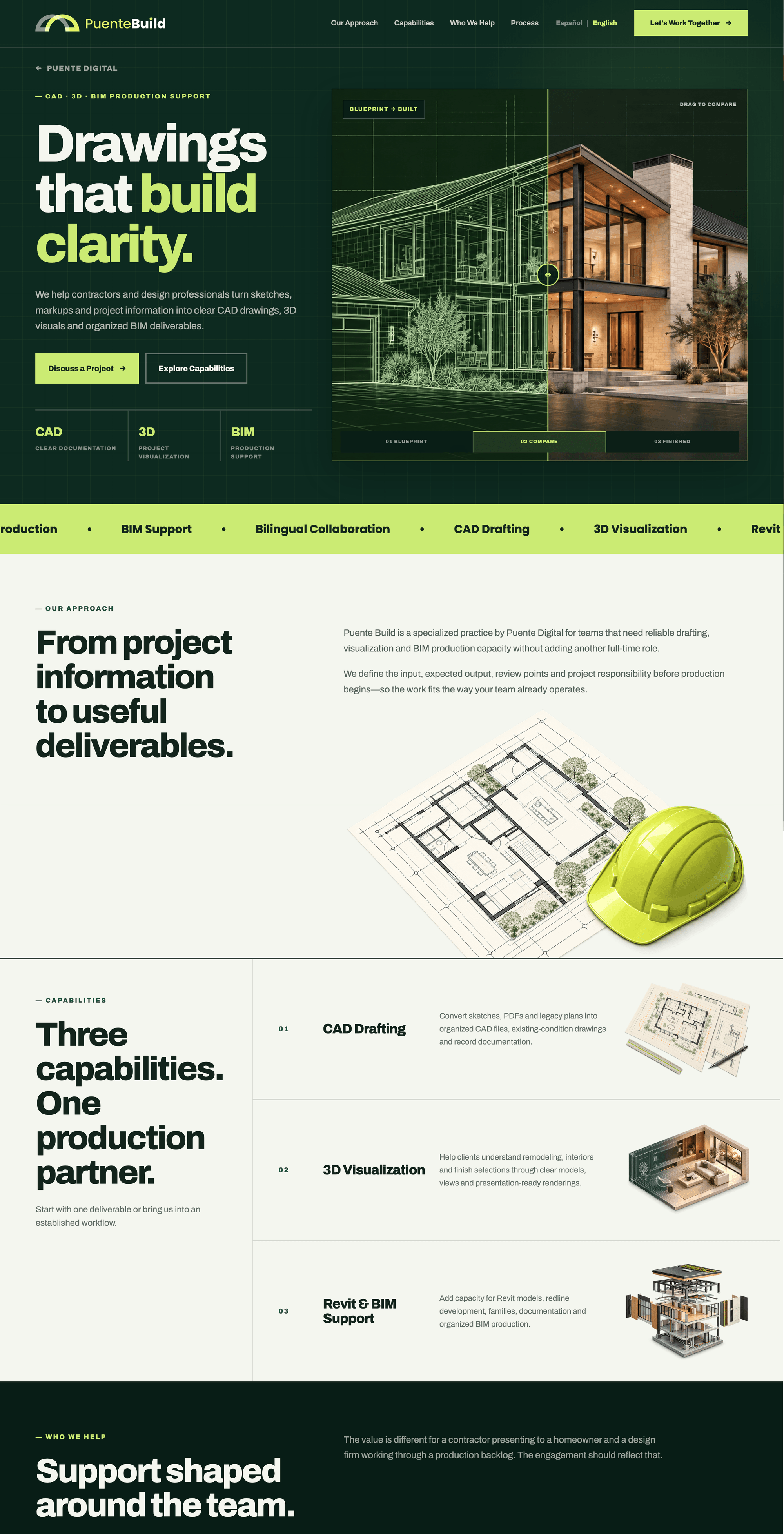 Puente Build homepage: a dark hero with the headline 'Drawings that build clarity' and a drag-to-compare slider between a blueprint and a finished house, followed by the approach section and the three capabilities, CAD drafting, 3D visualization, and Revit and BIM support