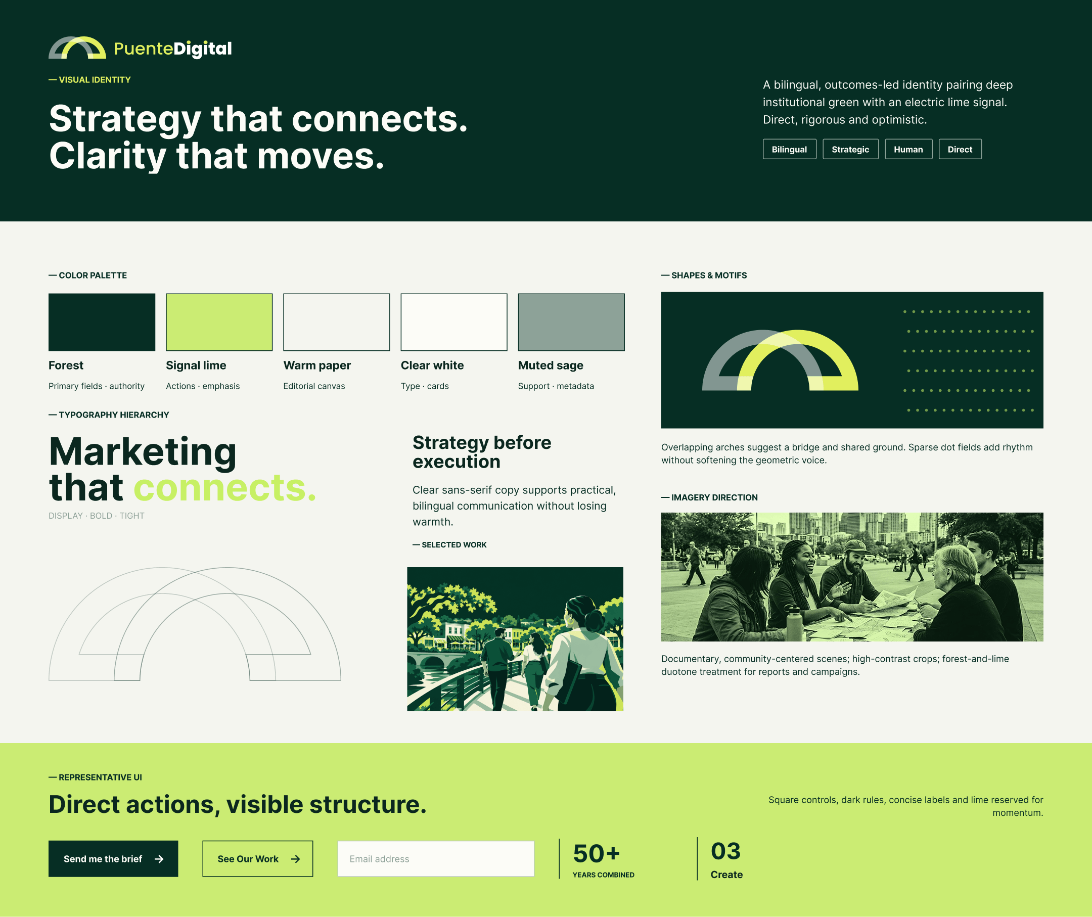 Puente Digital brand system: cream, ink, forest green and lime palette, Archivo type scale, and the four studio commitments