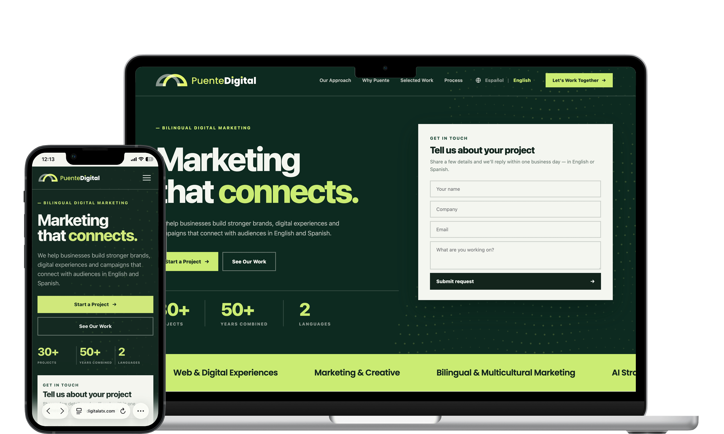 Puente Digital homepage on desktop and mobile, showing the cream, ink, forest green, and lime brand palette