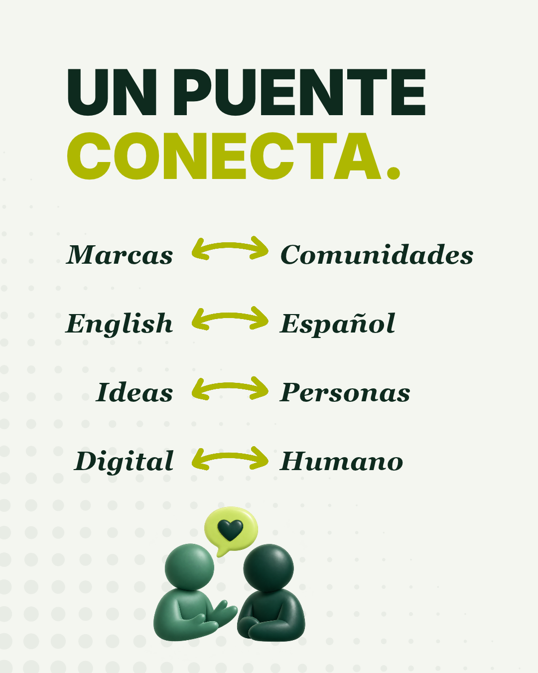 Puente Digital post 'Un puente conecta' pairing Marcas and Comunidades, English and Español, Ideas and Personas, Digital and Humano, with a 3D icon of two people talking